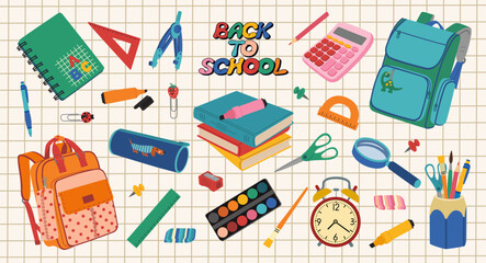 Back to school banner with school elements. Backpack, textbooks, calculator, pencil case, paints, pens, notebook, magnifying glass, alarm, markers. Hand drawn vector illustration, flat cartoon style.