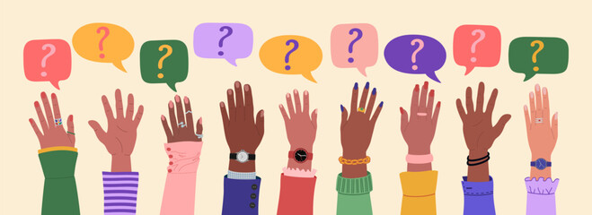 Multiracial people raising hands and speech bubbles with questions marks. FAQ and questions concept. Hand drawn vector vector illustration isolated on light background, modern flat cartoon style.