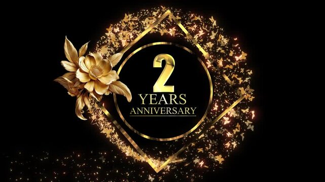 2nd Years  Anniversary Text Animating With Glitter Magical Particle,  Luxury 2nd Years Text Animation, 2nd Anniversary Celebration With Decorative Golden Flower Animation.