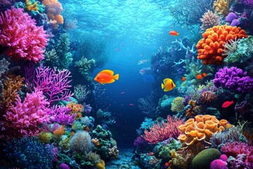 Naklejka premium Vibrant Coral Reef with Colorful Fish and Sunbeams