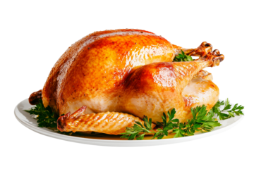 Whole roasted turkey or chicken garnished with fresh herbs isolated on white transparent background. Concept of food for Thanksgiving Day