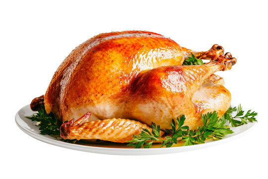 Whole roasted turkey or chicken garnished with fresh herbs isolated on white transparent background. Concept of food for Thanksgiving Day
