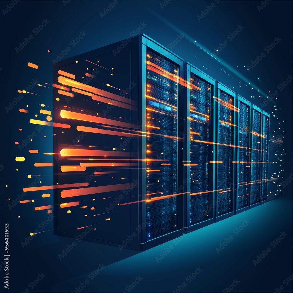 Poster server room data center. information technology hosting service. data security concept, 3d rendering