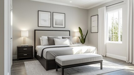 Modern bedroom interior featuring sleek furniture and a neutral palette