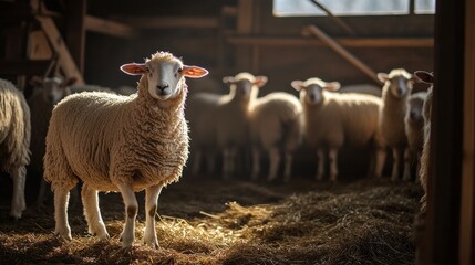 Obraz premium A serene moment with sheep in a rustic barn. The soft light highlights their gentle features. Perfect for agriculture, nature themes, and livestock education. AI