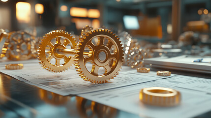 Detailed Scale Model of a Small to Medium-Sized Enterprise Representing Internal Control Systems with Interlocking Golden Gears and a Blurred Background of Documents