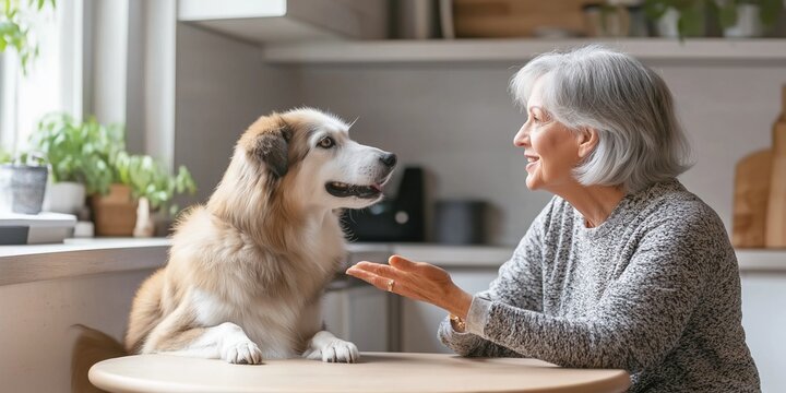 A woman is petting a dog on a table. The dog is brown and white