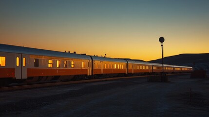 Fototapeta premium Train at Sunset in a Desert Landscape.