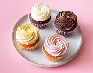 Cupcakes on a pink background. Dessert. Cooking. Baking. Vegetarian food.