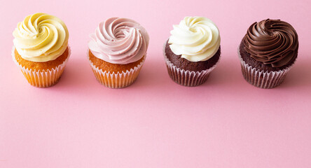 Cupcakes on a pink background. Dessert. Cooking. Baking. Vegetarian food.