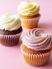 Cupcakes on a pink background. Dessert. Cooking. Baking. Vegetarian food.