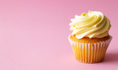Cupcake on pink background. Dessert. Cooking. Baking. Vegetarian food.