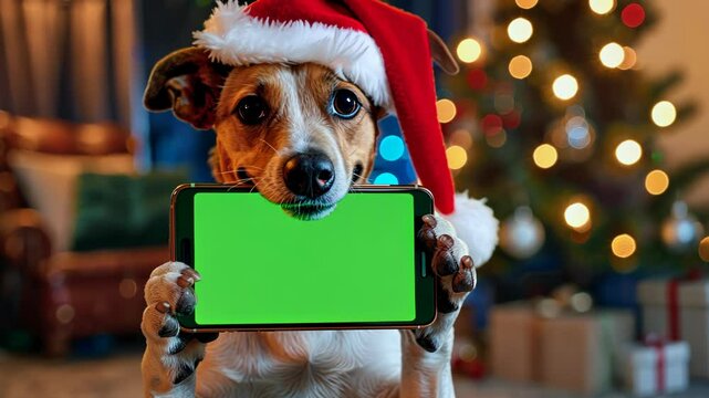 festive Christmas puppy dog in Santa hat holding smartphone with green chroma key screen, on festive Christmas tree lights background, new year sale promotions, app advertisements and holiday discount