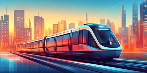 Futuristic City Train at Sunset.