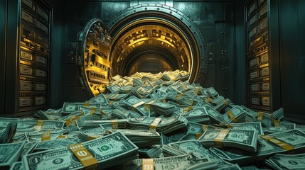 A large open bank vault filled with piles of U.S. dollar bills, illuminated by a golden light, representing wealth and security