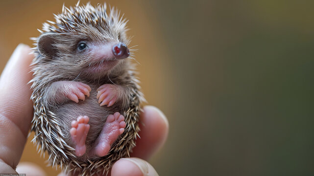Niedlicher kleiner Igel mit gro&szlig;en Knopfaugen ruht sanft in menschlicher Hand. Stacheln sichtbar, aber weich wirkend. Nahaufnahme