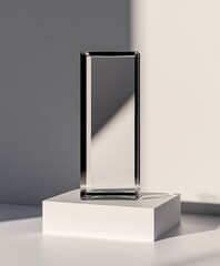 Sleek glass trophy for corporate awards modern design with clean lines placed on white surface minimal shadows transparent and white palette ideal for business recognition or excellence award