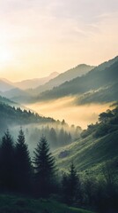 Obraz premium Golden sunrise illuminating layers of misty mountains and lush green forest