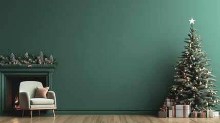 Christmas Interior, Dark Green Wall With Decorated Christmas Tree and Fireplace, 3D Rendering