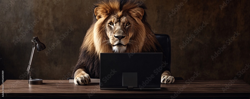 Sticker lion in a business suit is sitting at a desk in an office, using a laptop computer