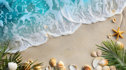 Fototapeta premium Azure coast of the ocean with palm trees, sand, surf and shells. AI Generated