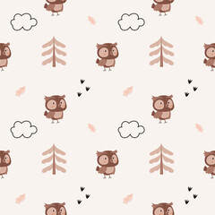 A simple, cozy,autumn pattern in a minimalist forest owls, clouds, leaves, Christmas trees, pines, graphic elements pattern in a Scandinavian style.