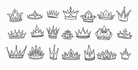 Crown hand drawn doodle set. Line sketch of classic tiara for head of princess and prince, crown of king and queen, emperor and empress. Royalty symbols collection in doodle style vector illustration © setory