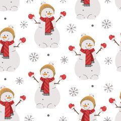 Seamless pattern with snowmen and snowflakes. Vector holiday texture in flat style. Suitable for wallpaper, wrapping paper, fabric, etc