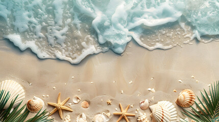 Fototapeta premium Azure coast of the ocean with palm trees, sand, surf and shells. AI Generated