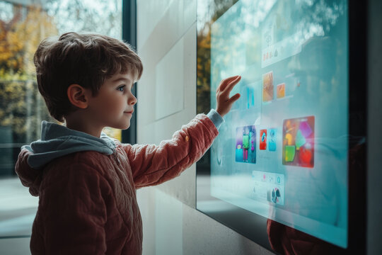 Young boy is captivated by an interactive touchscreen display, exploring educational games and apps in a modern learning environment