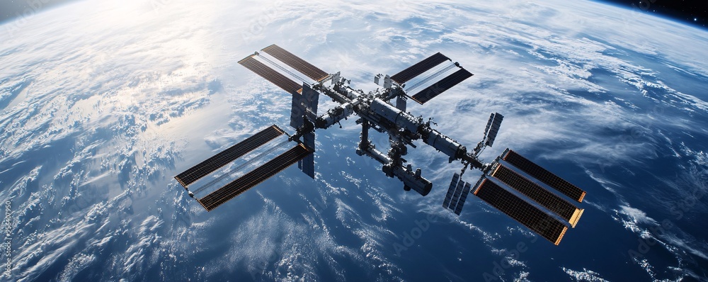 Wall mural The international space station orbits earth, with its solar panels catching the sunlight as it passes over the blue planet