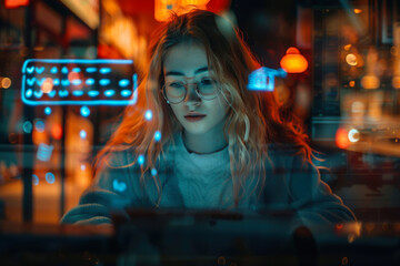 show a photographic scene of a young woman experiencing a rewarding buying process behind her latop