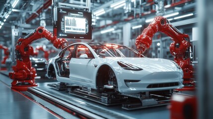 Car factory with two red industrial robots and a futuristic hologram that displays.