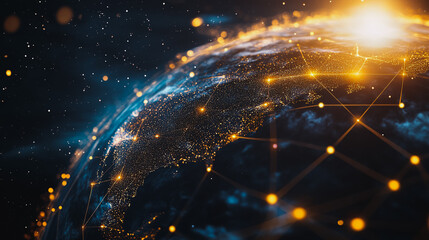 Obraz premium Abstract colorful business connection of lines from nodes It is connected to endless nodes and represents the innovation of communication cyber security in the network with black background 