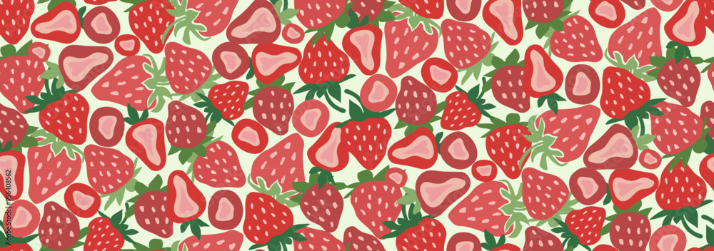 Wall mural vector seamless pattern with close-up red strawberries, colorful summer background with berries desi