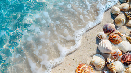 Azure coast of the ocean with palm trees, sand, surf and shells. AI Generated