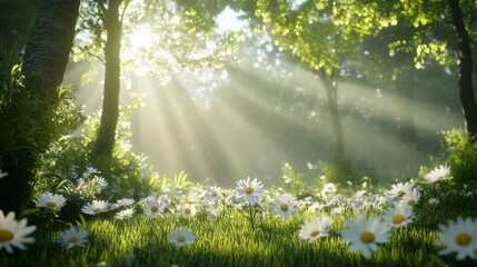 Fototapeta premium Beautiful sunlight shining through the trees in an enchanted forest, illuminating daisies and grass on a green meadow, creating a magical atmosphere.