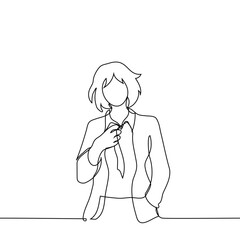 young woman loosening tie - one line art vector. concept end of working day for white collar worker, change of social roles
