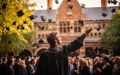 Generative AI of Joyous Young Male Graduate Throwing Cap: University Graduation Celebration, Exuberant Academic Achievement, and Vibrant Campus Festivities