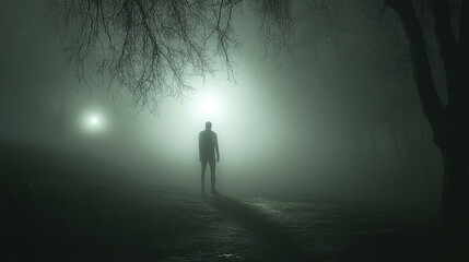 A shadowy figure standing in the fog on a dark night.