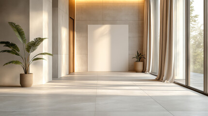 A minimalist and modern hallway with light grey tiles, the wall behind the door is blank for mockups
