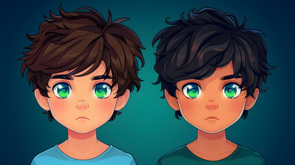 Cartoon Portraits Two Young Boys With Green Eye