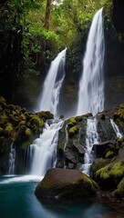Obraz premium A waterfall in a dense rainforest surrounded by lush vegetation and moss
