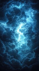 Dramatic lightning storm illuminating dark clouds in the night sky