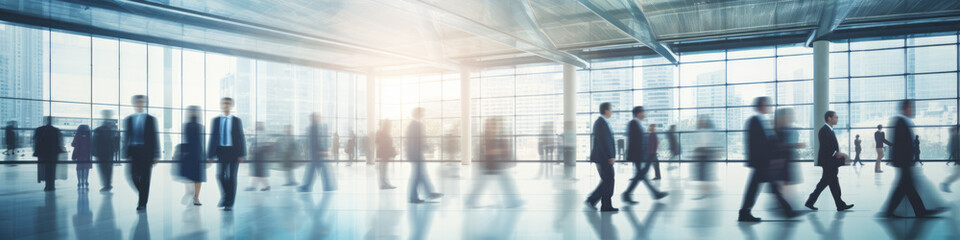 Fototapeta premium Blurred business people in windows interior. Strolling at an expo conference hall, demonstrating motion speed blur,