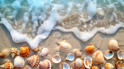 Azure coast of the ocean with palm trees, sand, surf and shells. AI Generated