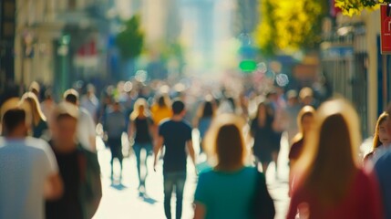 Blurred crowd of unrecognizable at the street. A busy street filled with many people walking, but only one person is in sharp focus.