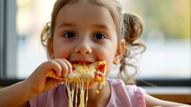happy smiling joyful young girl with radiant smile enjoying burger in sunlit room, epitomizing simple childhood pleasures, childs delight in a bite, home fastfood