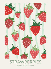 Strawberry print on green lined background. Aesthetic retro summer berries print for different purposes.