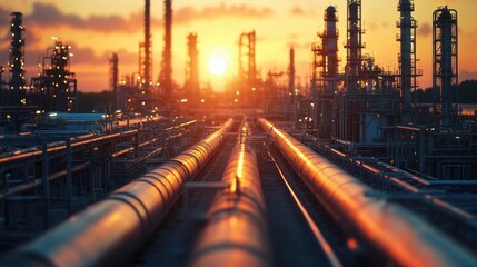 Industrial Oil Refinery at Sunset with Pipelines and Towers in the Foreground